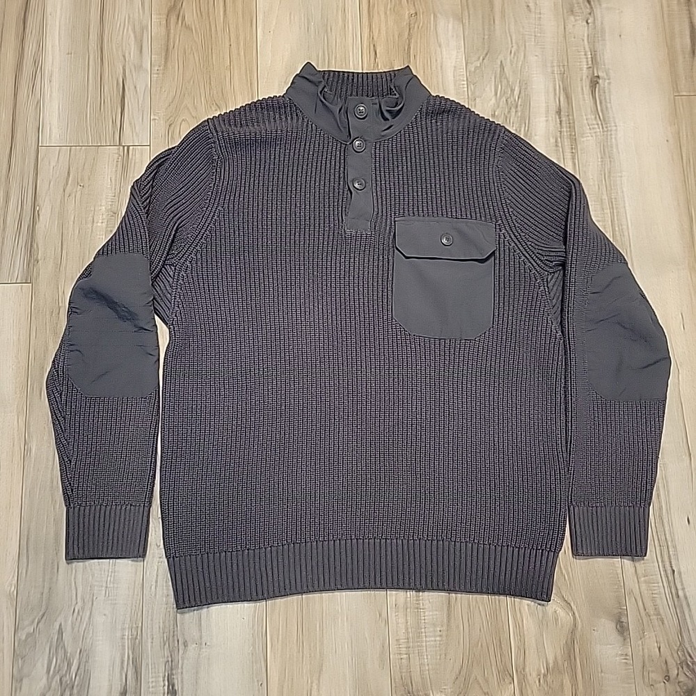 Duluth Trading Co Brigade Sweater‎ Mens Large Gray Mock Neck Elbow Patch Ribbed